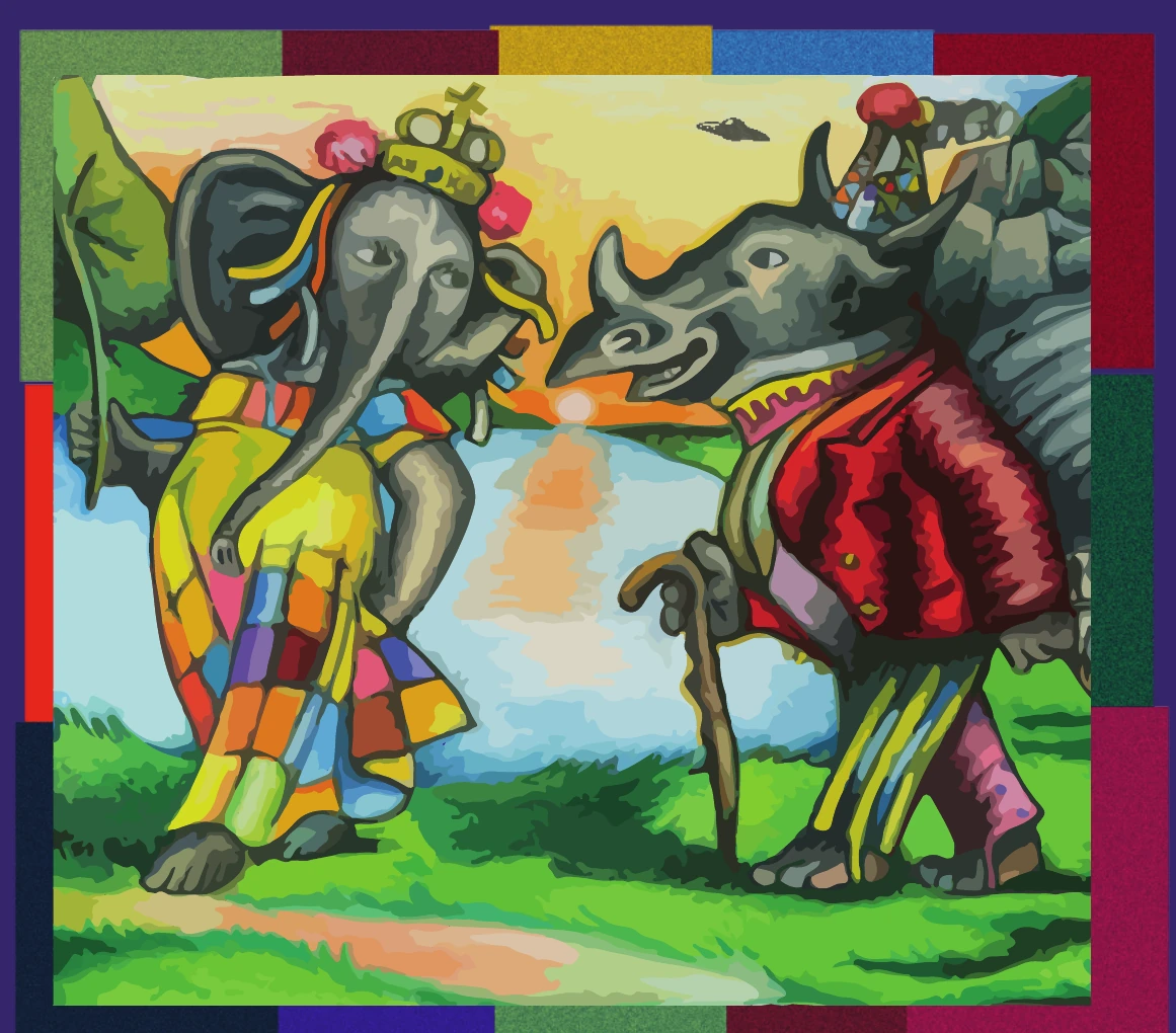 Ilustración original de La Pandora con un elefante y un rinoceronte