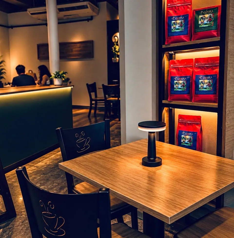 Mesa, barra y exhibición de café empacado en La Pandora Coffee, Calle 50